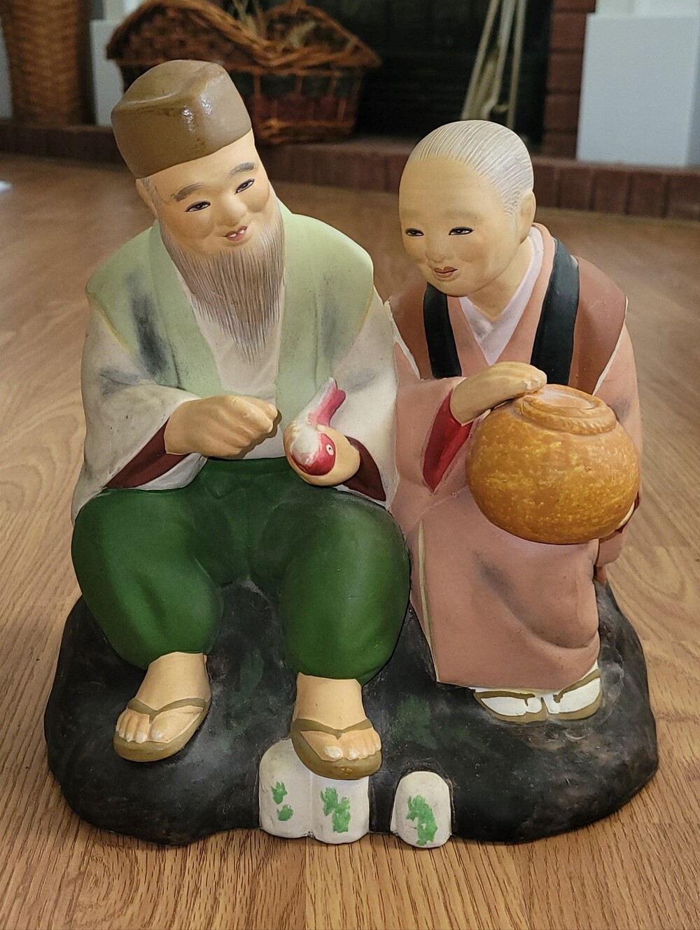 Vintage 1950s Hakata Urasaki Ceramic Clay Doll Old Couple Fish Cleaner Japan 9"